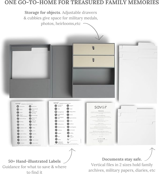 Savor | Personalized Family Archives Keepsake Organizer | Keep Treasured Family Heirlooms and Genealogy, Ancestry, Birthplace and Family Tree Documents Organized and Safe in One Convenient Home