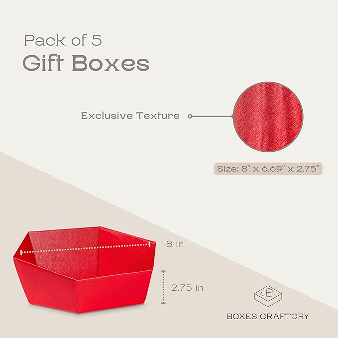 Pack of 5 Baskets for Gifts - Empty Gift Baskets to Fill Ideal for Christmas Gift Baskets and Valentines Day Presents | 8" x 6.69" x 2.75" Red Linen