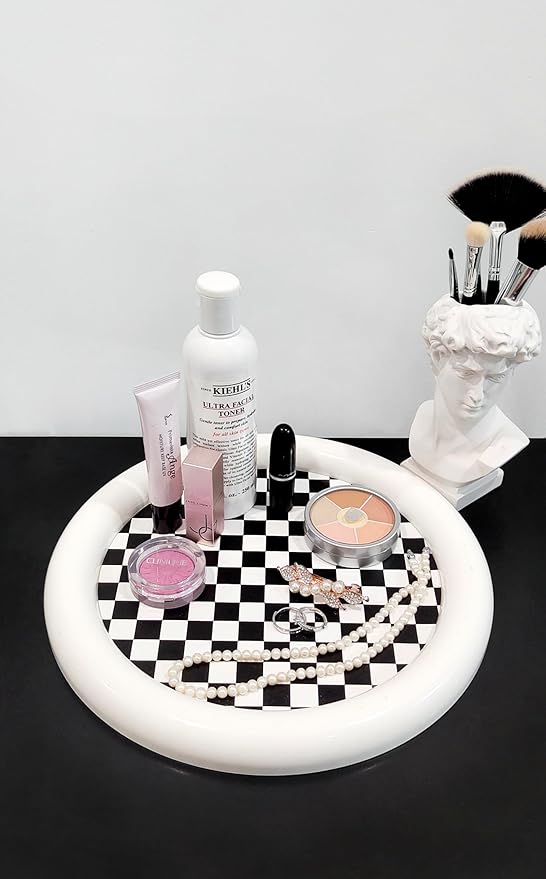 Ciandid Checkered Decorative Tray, Checkerboard Jewelry Tray Dresser Tray for Makeup Perfume Organizer, Aromatherapy Reed Diffuser Tray Vanity Tray for Bathroom(White)