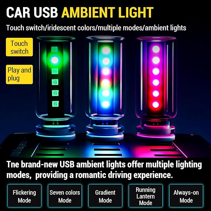 Car USB Light Bulbs, Retro Glass Bottle LED Night Lamp with Touch Control, 13 Modes & 7 Colors, Portable Interior Car Lights for Vehicle, Bedroom, Camping, Party Decor,2PCS