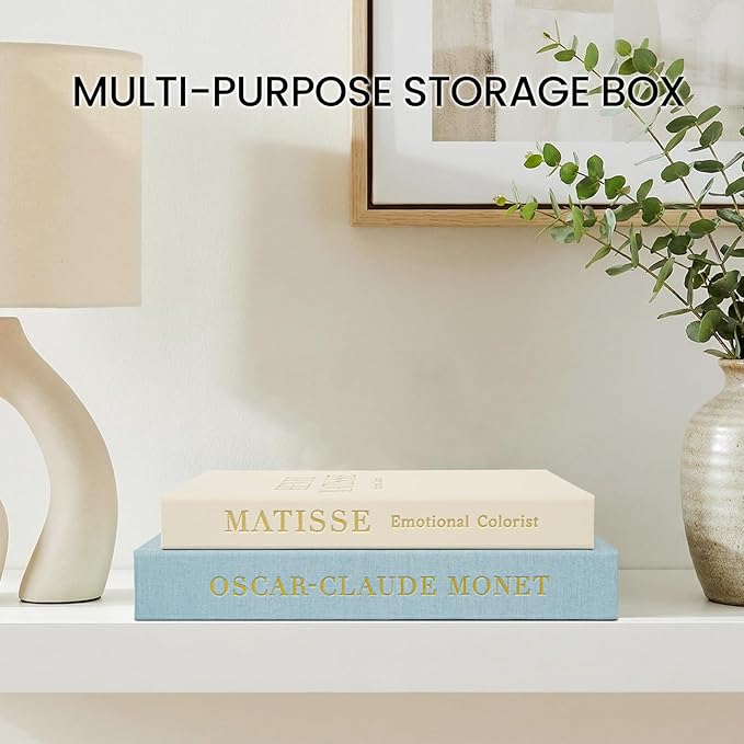 Decorative Books for Home Decor - Stackable Fake Books Storage Box for Coffee Table - Set of 2 Linen Faux Books Double as Libros Decorativos and Photo Storage, Blue
