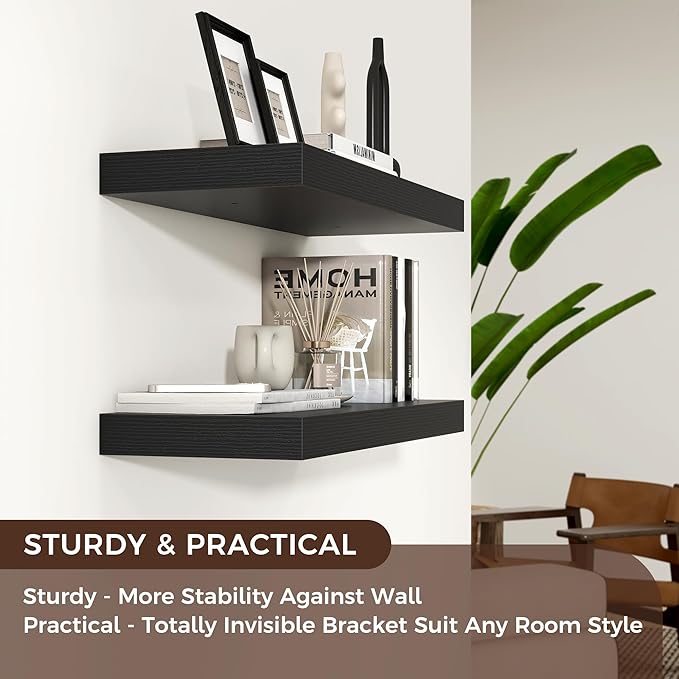 Venusmiles Floating Shelves for Wall, Engineered Wood Wall Shelves with Invisible Brackets for Living Room Bedroom Bathroom Office Kitchen Decor and Storage (Black, 24" W x 9" D x 1.5" H) Set of 2