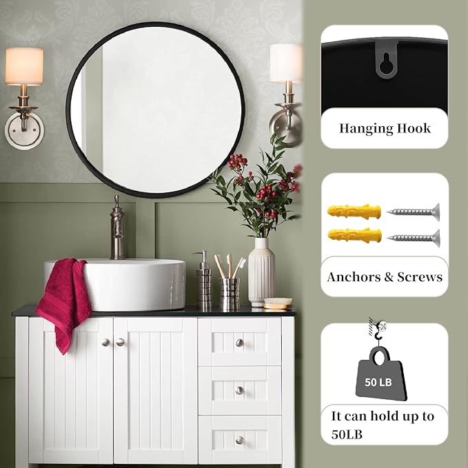 G-LEAF Black Round Mirror 24 inch, Circle Mirror for Bathroom, Entryway, Vanity, Living Room, Round Bathroom Mirror for Wall
