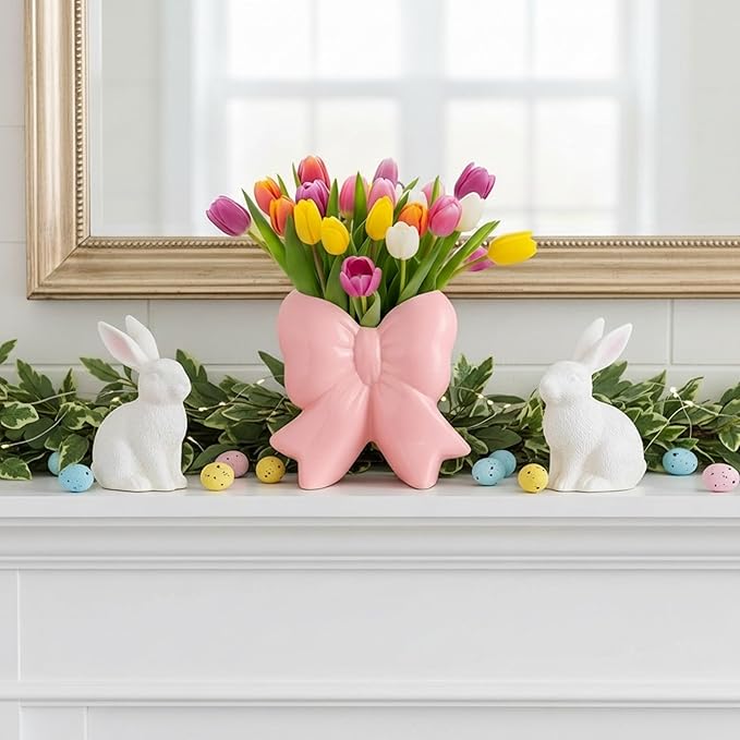 Jingmore Pink Bow Vase Coquette Ceramic Vase for Wedding Pen Holder Makeup Brush Holder Contemporary Design Decorative Women Gift for Home Office Shelf Table Room(Large, Classic)