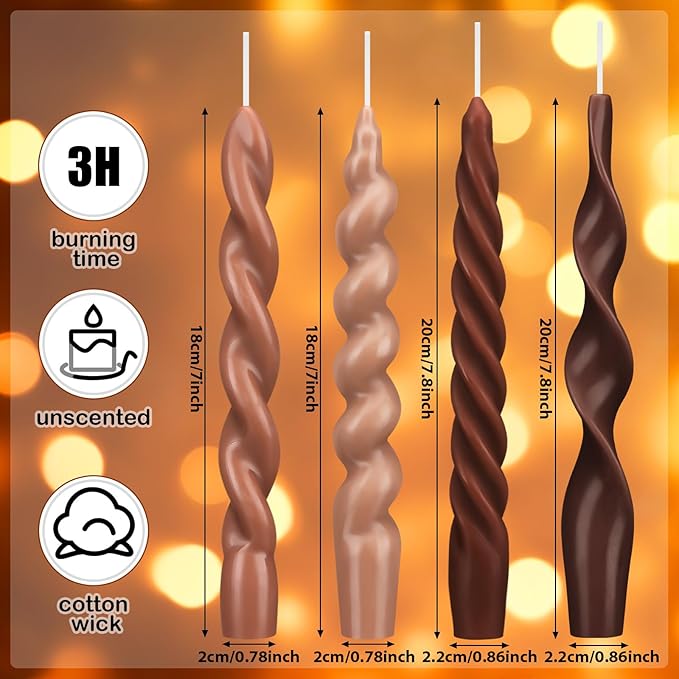 Nuanchu 4 Pcs Twisted Taper Candles Wax Unscented Smokeless Spiral Swirl Candlesticks for Wedding Holiday Dinner Party Home Decorations(7.87 Inch,Pure,Neutral)