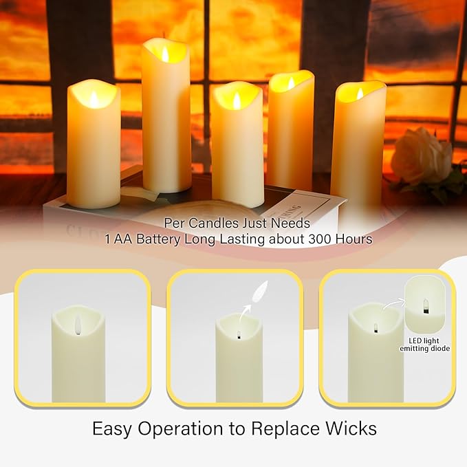kakoya Flickering Flameless Candles, Battery Operated Acrylic LED Pillar Candles with Remote Control and Timer,Set of 9 (Ivory)