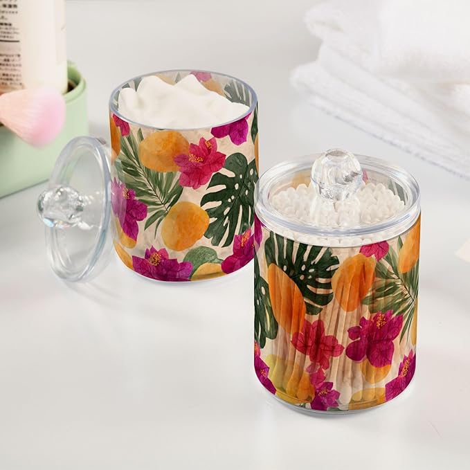 2 Pack Apothecary Jars Artistic Tropical Floral Yellow Bathroom Vanity Storage Organizer Set,Small Clear Plastic Storage Jars Bathroom Canister for Cotton Swabs, Rounds, Balls, Qtips,Makeup Spo