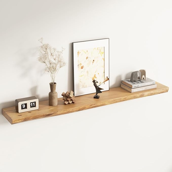 Venusmiles Live Edge Elm Floating Shelves for Wall Decor, Rustic Solid Wood Shevles Wall Mounted with Invisible Bracket for Living Room Bathroom Bedroom Kitchen, 55 Inch Set of 1, Natural
