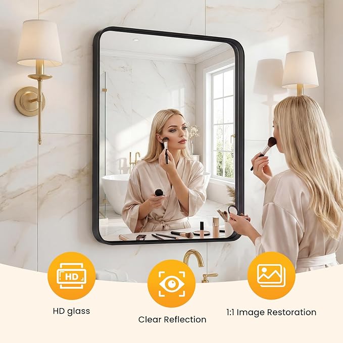 OLIXIS Bathroom Mirror for Over Sink, 24x36 Inch Wall Rectangle Mirror with Matte Metal Framed, Modern Wall Mount Vanity Mirror for Home Decor, Living Room, Bedroom, Black