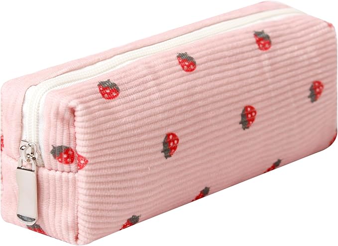 Pencil Case Lightweight Aesthetic Pen Case Office College School Storage Bag Pouch Holder Box Organizer Makeup Pouch Cosmetic Bag for Girls Boys Kids (Flowers-Pink strawberry)