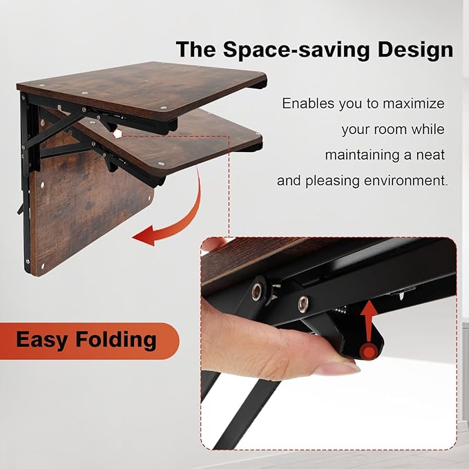 Folding Shelf Wall Mounted for Small Space, Rustic Wooden Wall Table for Living Room Bedroom Decor, Home Office Floating Fold Down Desk, Media Shelves with Heavy-Duty Brackets Holds Up to 55lbs