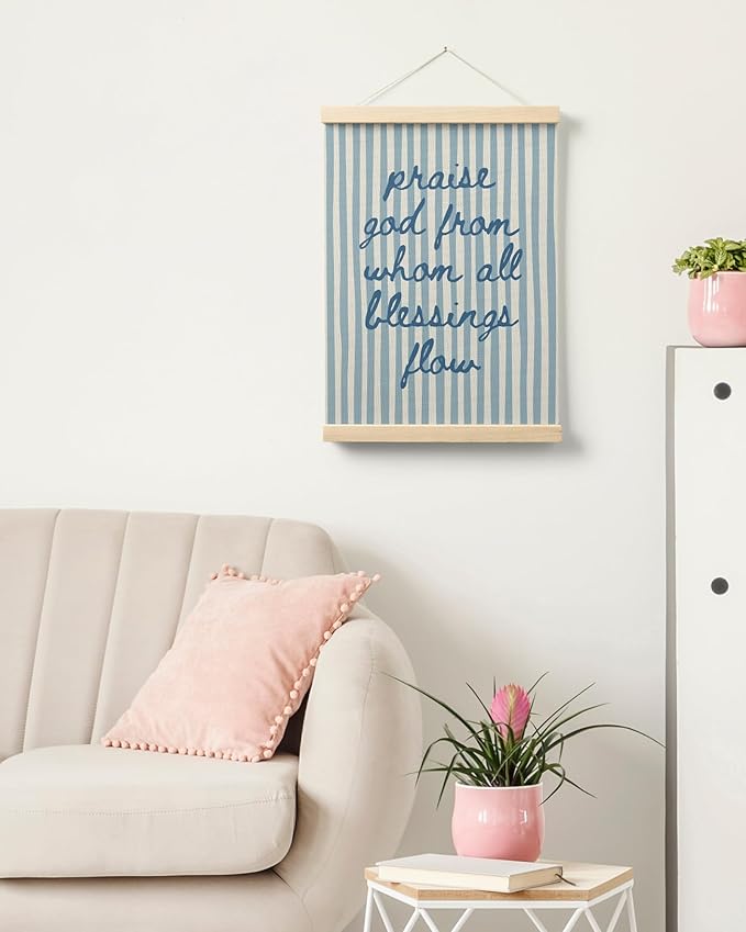 FGFK Trendy Blue Christian Wall Art Poster Hanger Frame, Trendy Striped Praise God From Whom All Blessing Flow Bible Verse Scripture Canvas Prints Framed Wall Decor for Room Home Dorm, 12x16 Inch