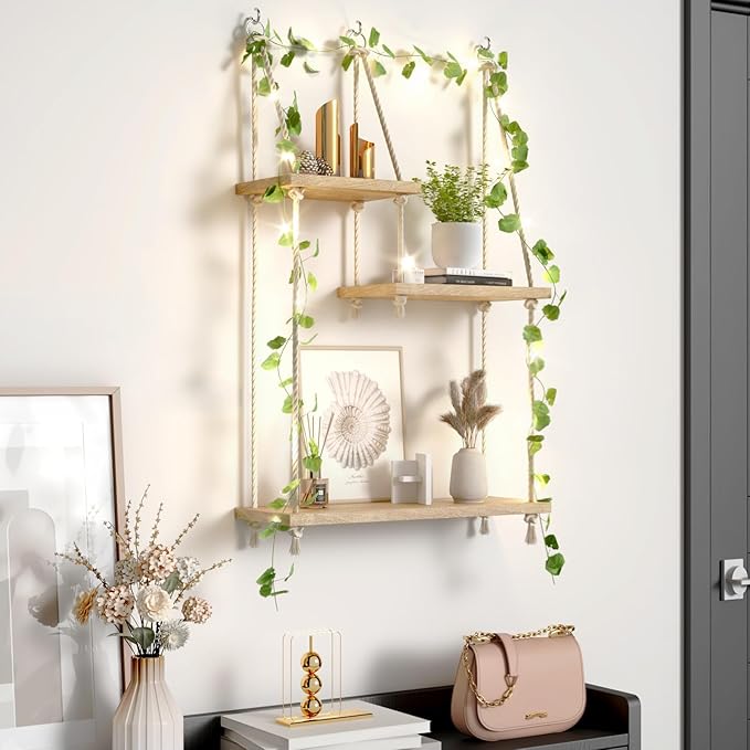 3 Tier Hanging Wall Shelves, Boho Rope Hanging Plant Stand with LED Vine Lights, Rustic Wood Floating Shelves Organizer for Bedroom Kitchen Living Room Wall Decor (Three-Tier Rope Rack)