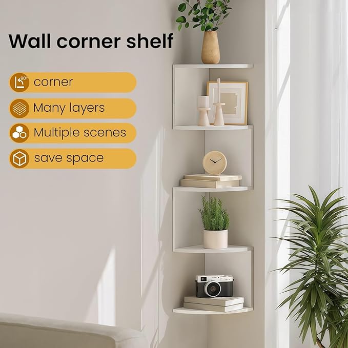 5-Tier Floating Corner Shelf Wall Mount, Heavy Duty Wall Corner Bookshelf, Multi-Purpose Plant Display Shelf for Bedroom Living Room Bathroom Home Office.(White)