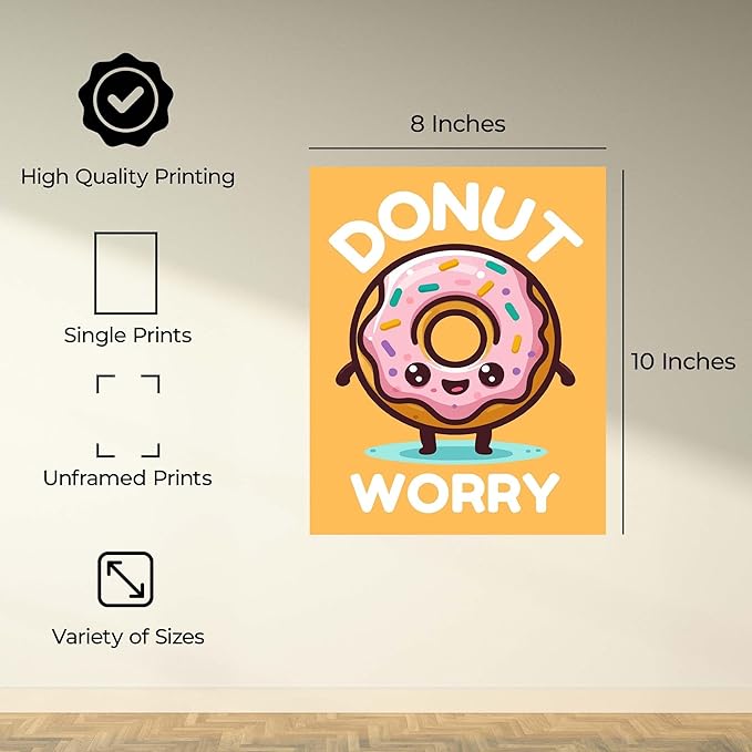 InkFlow Posters Donut Worry Poster - Smiling Donut Illustration - Playful Kawaii Food Art - Kids Bedroom Playroom Decor - Cheerful Wall Print - 8x10 Unframed Canvas Print