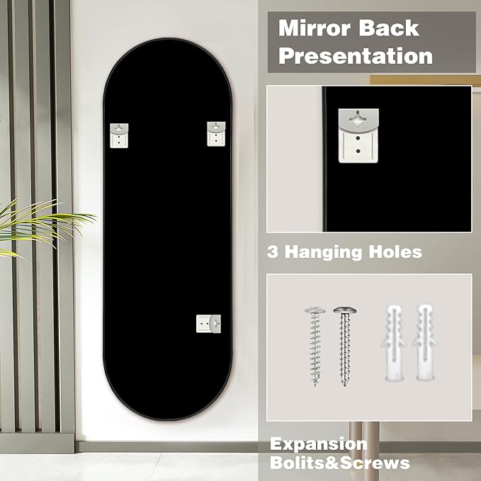 Niccy 65"×22" Oval Full Length Mirrors, Long Wall-Mounted Mirror with Aluminum Frame, Large Body Mirrors for Living Room, Explosion-Proof Hanging Wall Mirror for Bathroom Bedroom Entryway Decor, Black