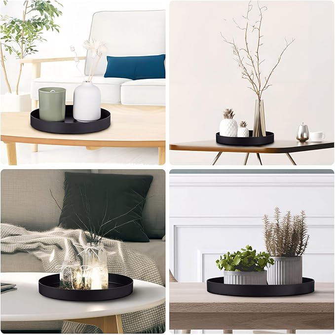 Black Round Tray Coffee Table Tray Decorative Metal Candle Plate Stainless Steel Circle Serving Platter Spa Makeup Organizer Dish Farmhouse Centerpiece Home Bathroom Decor (Black, 20CM)