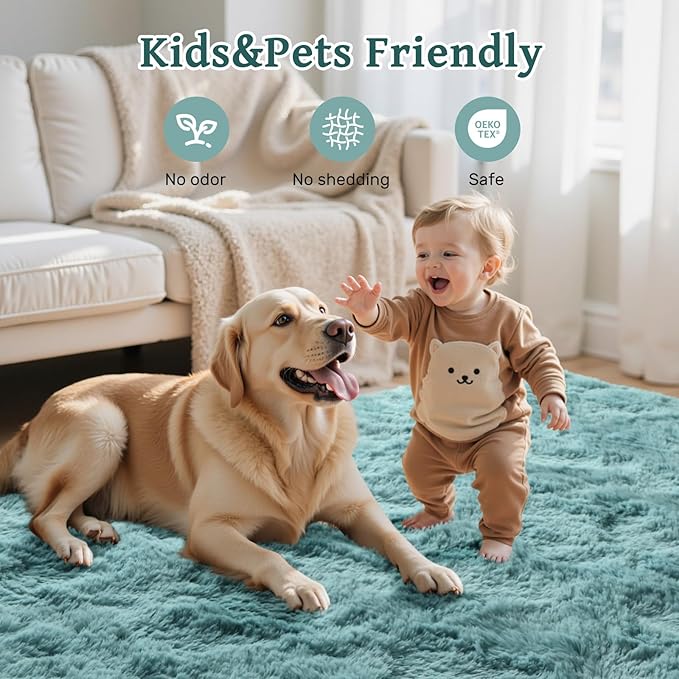 9x12 Area Rugs for Living Room Teal Shag Rugs, Modern Plush Non-Slip Soft Carpets for Bedroom Kids Nursery Dorm Daycare Floor