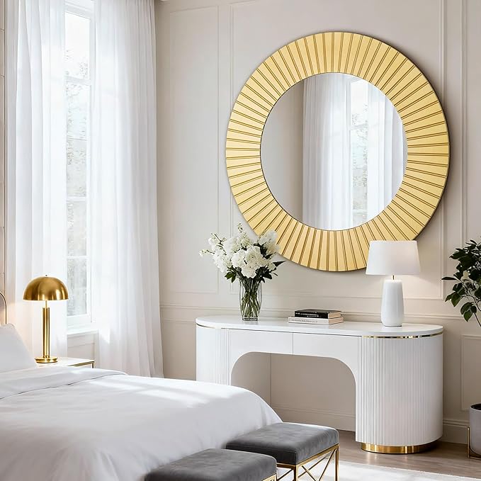 Chende 42'' Round Gold Mirror for Living Room, Large Decorative Mirror for Wall with Wood Frame, Elegant Accent Gold Mirrors for Bathroom, Entryway, Bedroom