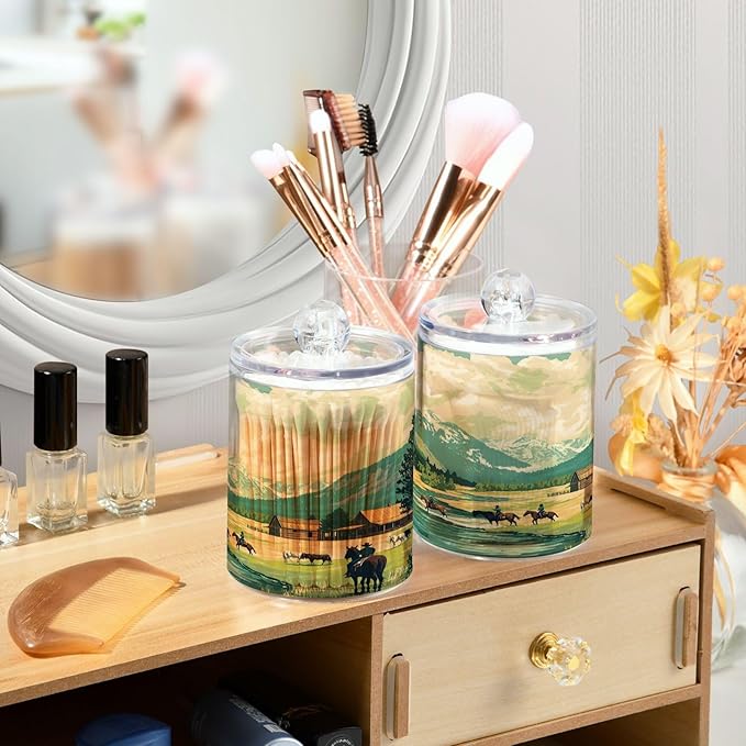 Nander 2Pack Western Style Cowboy Horseback Riding Qtip Holder Dispenser -Clear Plastic Apothecary Jars Set - Restroom Bathroom Makeup Organizers Containers for Cotton Swab, Ball, Pads, Floss