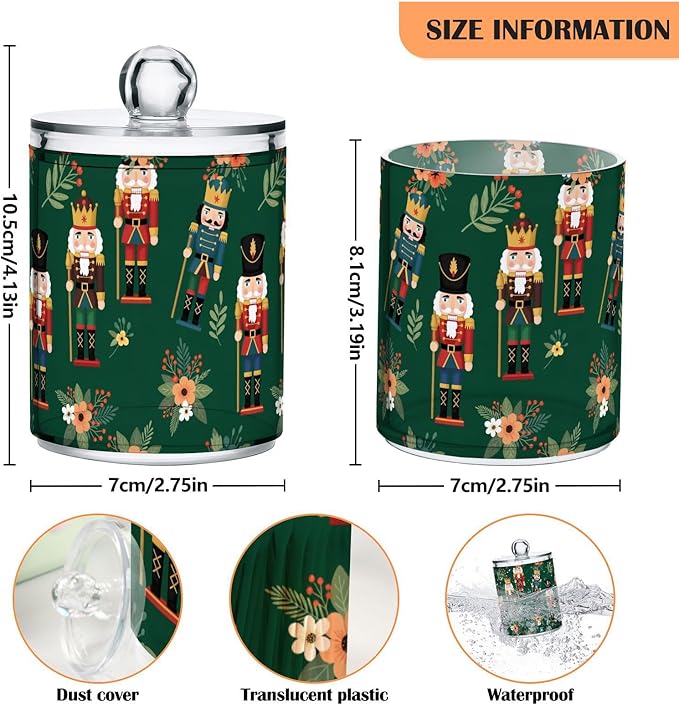 Christmas Nutcracker Green Bathroom Containers Holder with Lids Set Clear Jars 2 Pack Plastic Makeup Storage Organizer 4.13 x 2.75In for Cotton Swabs Hair Clips Pads
