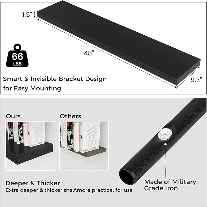Venusmiles Floating Shelves for Wall, Engineered Wood Wall Shelves with Invisible Brackets for Living Room Bedroom Bathroom Office Kitchen Decor and Storage (Black, 48" W x 9" D x 1.5" H) Set of 2