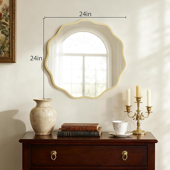 HOMECOOKIN 24 Inch Wavy Round Wall Mirror, Round Wavy Wall Mirror with Aluminum Frame for Bathroom Upgrades, Hotels, Dressing Tables,Farmhouses