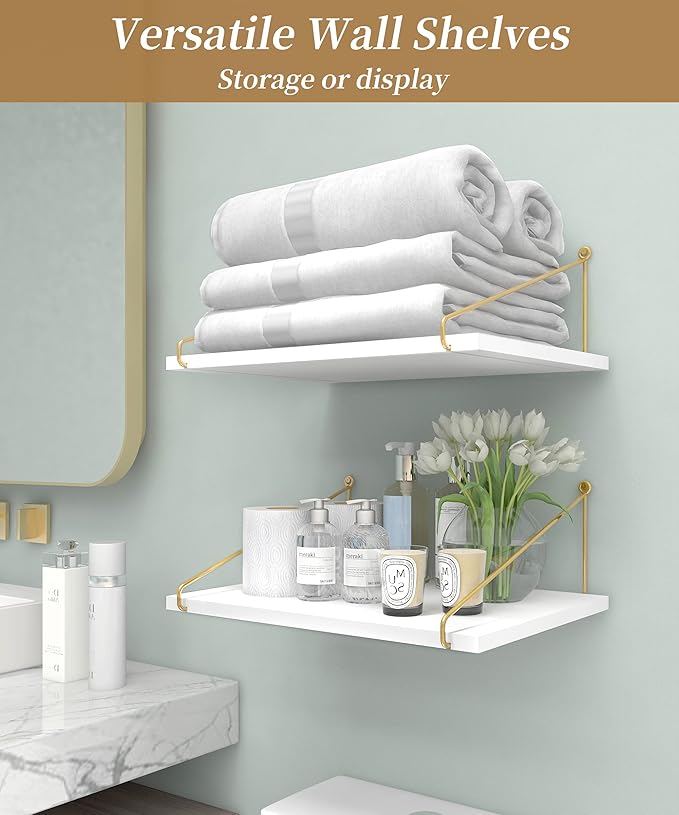 Afuly 12 Inch Deep Floating Shelves for Wall, Gold White Wall Mounted Shelves, Hanging Storage Shelves for Bathroom Kitchen Bedroom, Solid Wood Chic Bookshelves, Set of 2