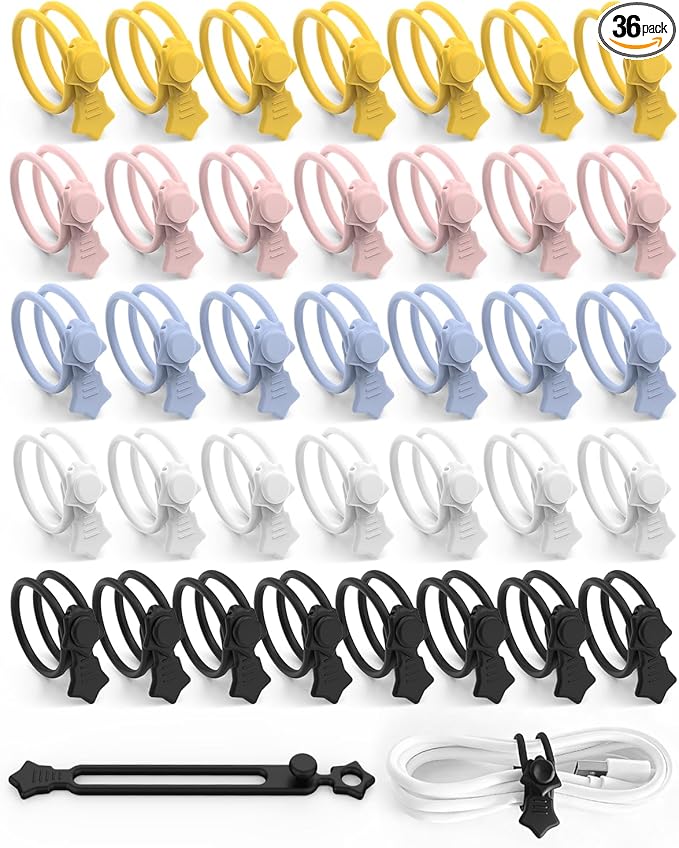 Quick Bind–Silicone Cable Ties Reusable, Cord Organizer for Charging Cables, Data Cables & Computer Wires, Multipurpose Elastic Cable Management Straps for Home,Office,Travel(36pcs,Multicolor)
