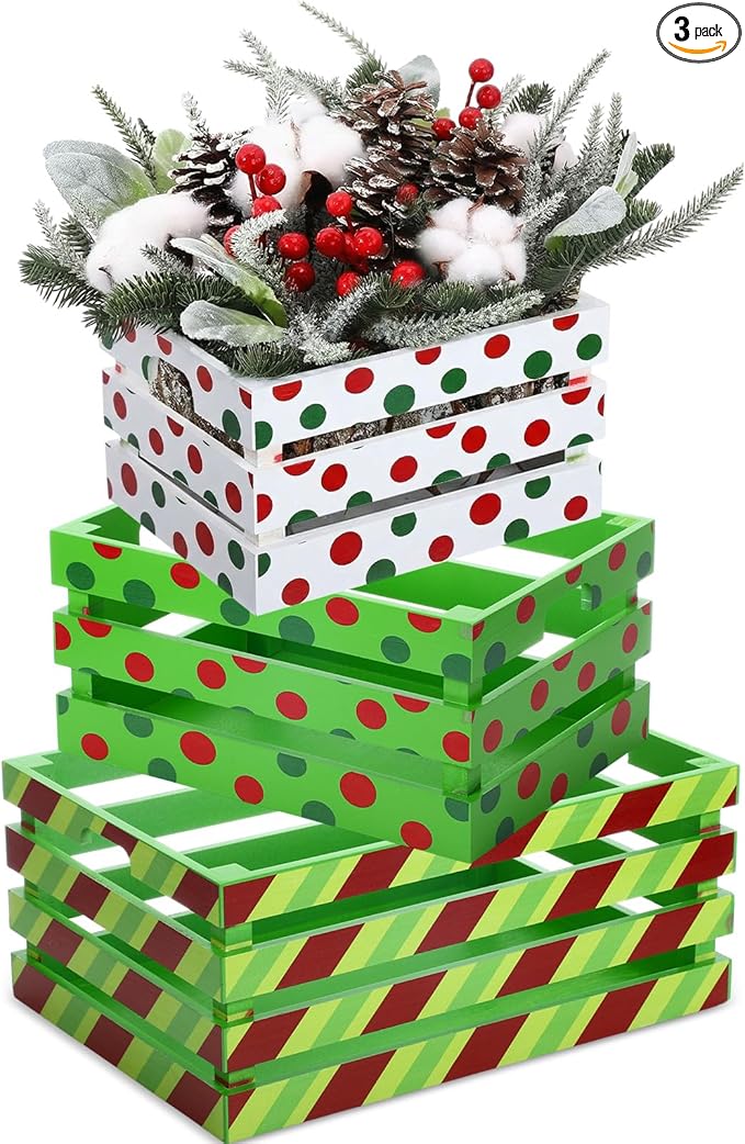 Novabright 3 Pcs Christmas Wood Crates 13'' 11'' 9'' Decorative Rustic Nesting Crate with Handle Farmhouse Wood Storage Basket Gift Boxes for Winter Display Candy Craft Pet Holiday Decor(Clean Style)