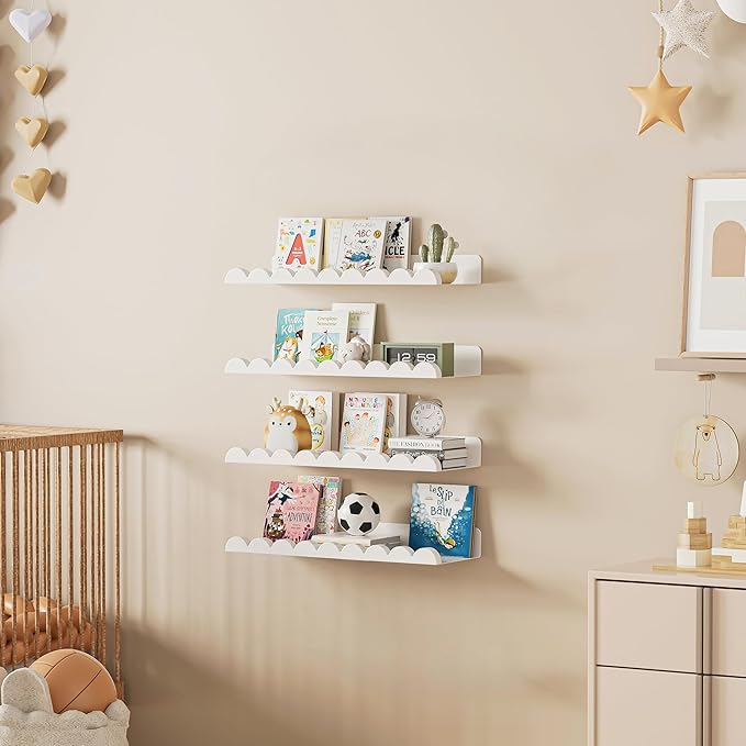 4-Pack Nursery Book Shelves, Scalloped Floating Shelves for Wall Kids, 15.7" Wood Wall Book Shelf for Bedroom Kids, Toddler Room, Baby Room, Nursery Decor,All White