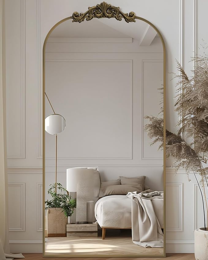 Antok Arched Full Length Mirror, 71"x28" Floor Mirror with Carved Frame, Standing/Wall Hanging Large Mirror for Bedroom, Living Room, Cloakroom, Bronze, Retro Style