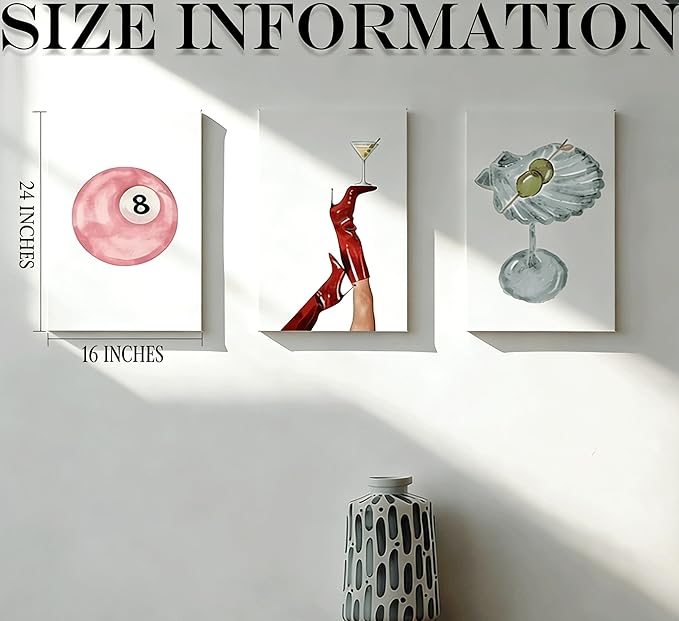 3Pcs Funky Martini Canvas Prints Wall Art, Trendy Preppy Pink Number 8-Ball Pictures Posters,Y2k Girl's Room Wall Decor for girl rooms, dorm rooms, and apartments. 24x16in Framed