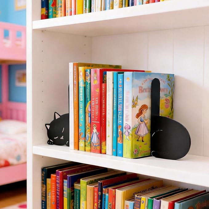 BEISE Cat Bookends for Shelves & Desk, Decorative Metal Bookend, Cute Black Kitties Book Organizer for Bookshelf Decor, Home Office Decor, Unique Book Lover Gift Set, Unusual Gifts for Cat Lovers