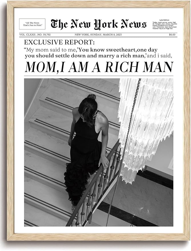 Bwodke OAK Wood Framed Wall Art Mom I Am a Rich Man Canvas Art Trendy Newspaper Pictures Independent Women Wall Decor Vintage Magazine Prints Funky Girl Artwork for Girly Dorm Bedroom 16"x20"
