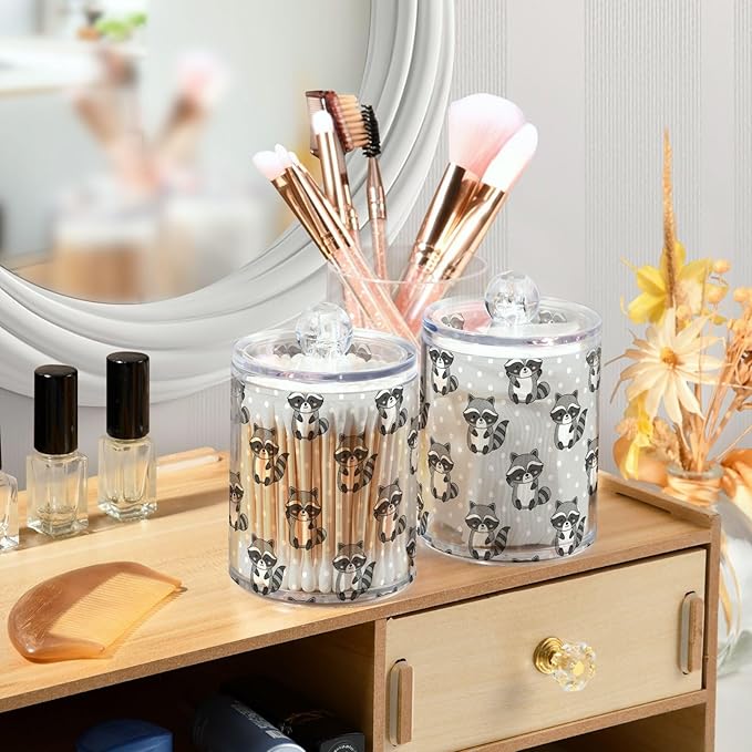 Raccoon Polka Dots Gray Print Bathroom Containers Holder with Lids Set Clear Jars 2 Pack Plastic Makeup Storage Organizer 4.13 x 2.75In for Balls Floss Picks Vanity