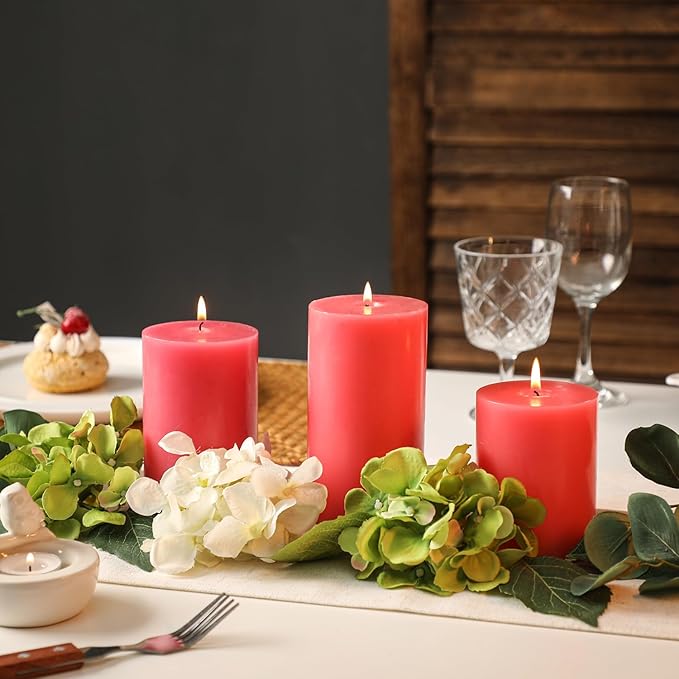 Pink Pillar Candles Set of 3 - Valentines Day Pink Candles Decorations, Hand-Poured Unscented Candle, Smokeless Decorative Candle for Home, Set of 3 in Different Sizes (4", 5", 6")