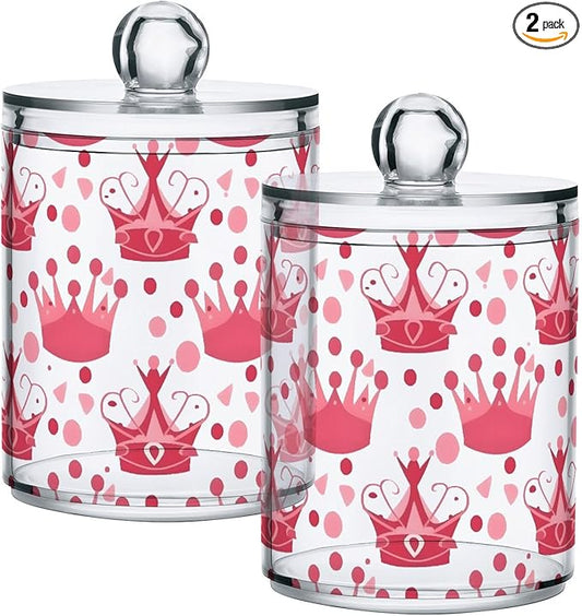 2 Pack Qtip Holder Dispenser for Cotton Ball Crown Pink Polka Dots Swab Round Pads Clear Plastic Acrylic Jar Set Bathroom Canister