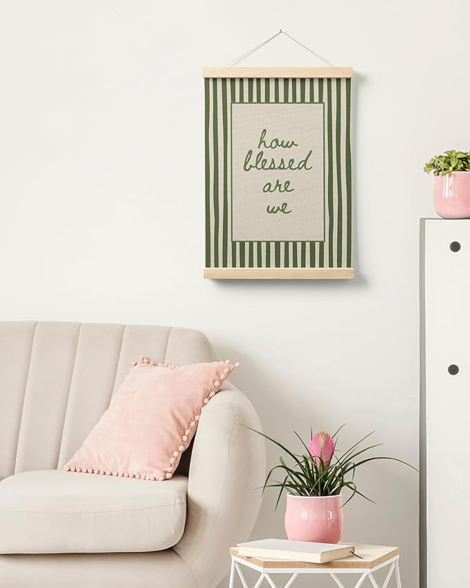 FGFK How Blessed Are We Christian Wall Art Poster Hanger Frame, Christian Home Decor, Trendy Retro Green Striped Religious Bible Verse Canvas Prints Framed Wall Decor for Bedroom Room Dorm, 12x16 Inch