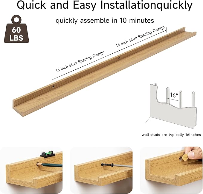 Fun Memories Picture Ledge Shelf, 40 Inch Floating Shelves Set of 2, Large Nursery Book Shelves for Toys Storage, Kids Bookshelf Wall Mounted for Wall Decor Books Photo Frames, Oak