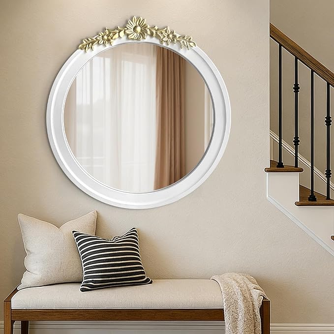 White Round Wood Mirror 28 Inch, Large Rustic Boho Coastal Wall Decor with White Wood Frame and Gold Metal Carved Accents, Farmhouse Decorative Mirror for Entryway, Bedroom, Living Room, Bathroom