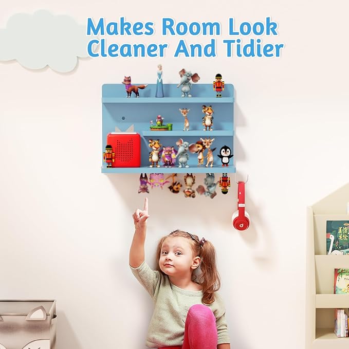 for Tonies Shelf Magnetic - Tonies Figure Organizer for Kids Room, Wooden Magnetic Display Shelf for Tonies Box Holder, Wall Floating Shelves Toy Storage Compatible Charging Station (3 Tier, Blue)