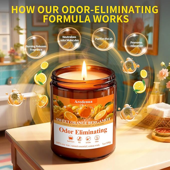 Sweet Orange Bergamot Odor Eliminating Candle | Eliminates 95% of Pet, Smoke & Bathroom Odors | 7oz Hand Poured Non-Toxic Soy Candle | Air Freshening Scented Candle for Positive & Relaxation