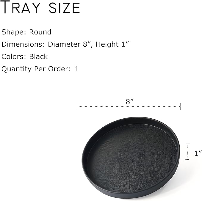 Round Black Tray (8 Inch) - Heavy Duty Bathroom & Kitchen Decor Tray | Versatile Vanity, Coffee Table, Serving Tray | Farmhouse & Modern Countertop Organizer