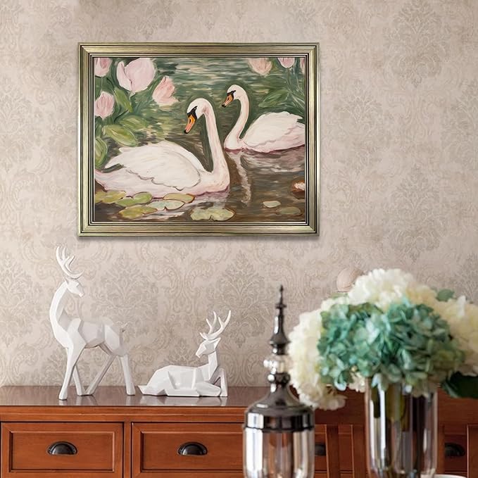 Swan Wall Art Vintage Framed Animal Wall Decor Pink and Green Girls Room Decor Girly Office Canvas Print Painting Home Artwork