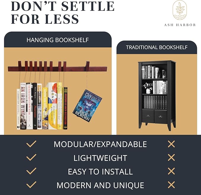 Ash Harbor Floating Wall Bookshelf - Wall Mounted Book Organizer with Included Bookmarks - Hardwood Hanging Bookshelf for Bedroom, Living Room, or Kitchen - A Thoughtful Gift for Book Lovers (Dark)