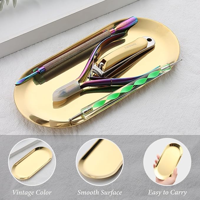 SUTOKAKA 2 Pack Stainless Steel Gold Decorative Tray, Small Oval Perfume Jewelry Trinket Dish, Candle Key Manicure Tools Metal Placing Plate, Bathroom Vanity Trays for Dresser Counter