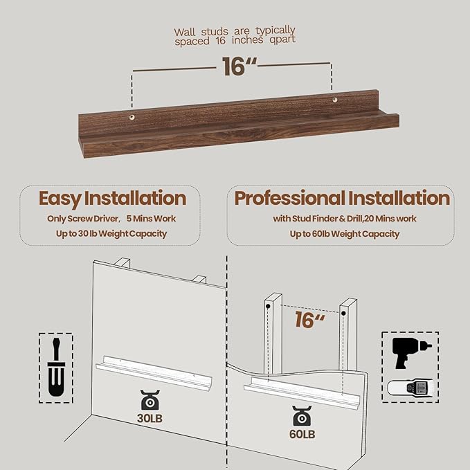 Heimlove Picture Ledge Shelf,24 inch Long Floating Shelves for Wall Set of 4,Picture Shelf with Lip for Wall Decor,Living Room,Bedroom,Bookshelf,Nursery,Perfume,Walnut Color