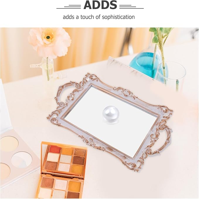 CALLARON Vintage Gold Mirror Vanity Tray Decorative Trinket Dish Jewelry Holder for Perfume and Makeup Organizer Bathroom Dresser Accent