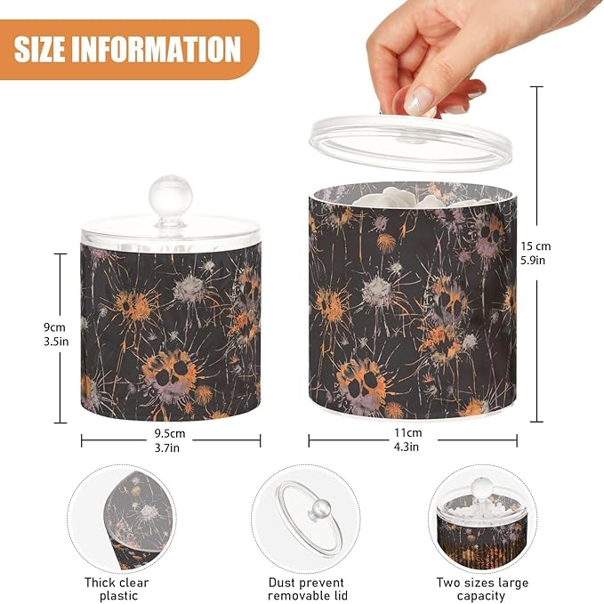 Face Dandelion Design Halloween Black Clear Plastic Makeup Organizer Storage with lid Pantry Essentials Decorative Dental floss storage jar for Cotton Swabs,Cotton Pads,Floss Picks,Paper